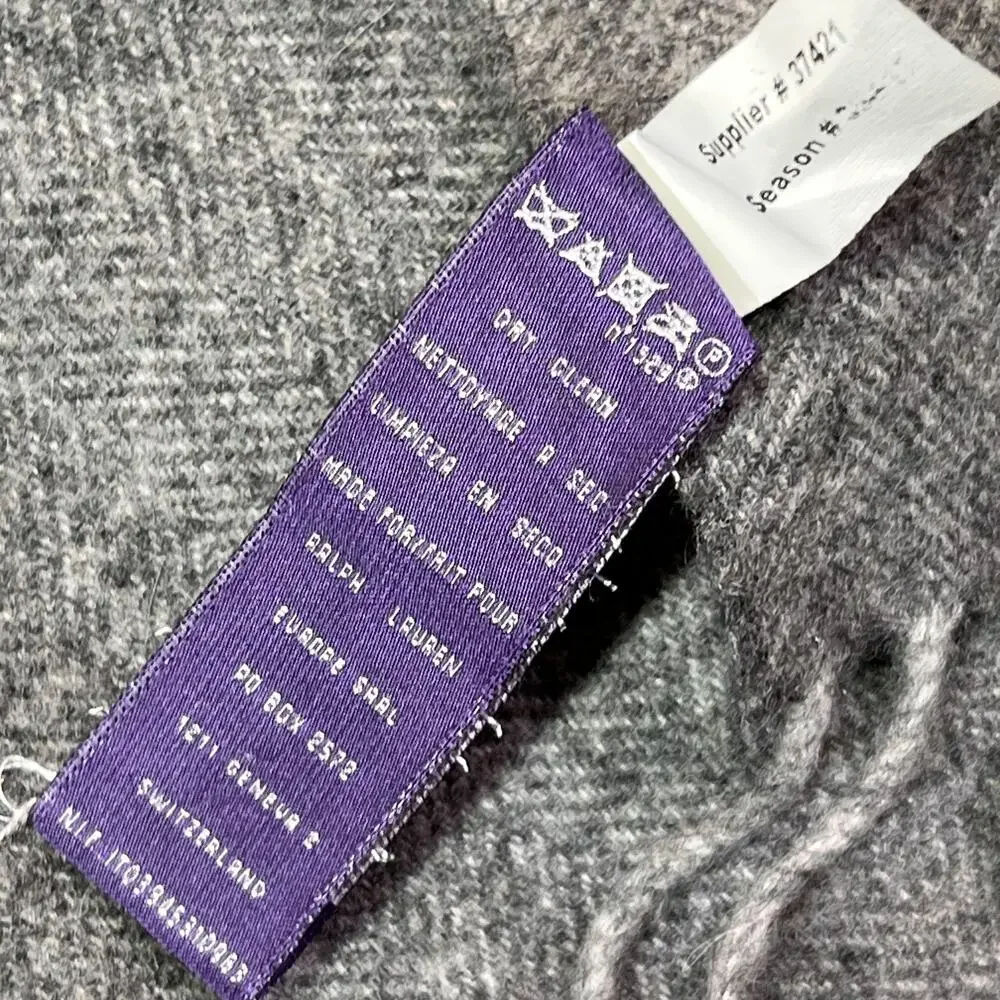 Ralph Lauren Scarf Adult Gray 100% Cashmere Fringe Made England Purple Label
